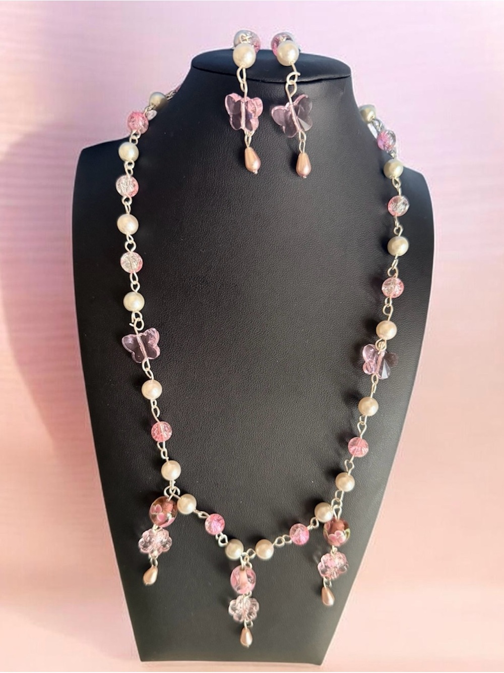 Handmade Pink Pearl & Crystal Butterfly Necklace Set